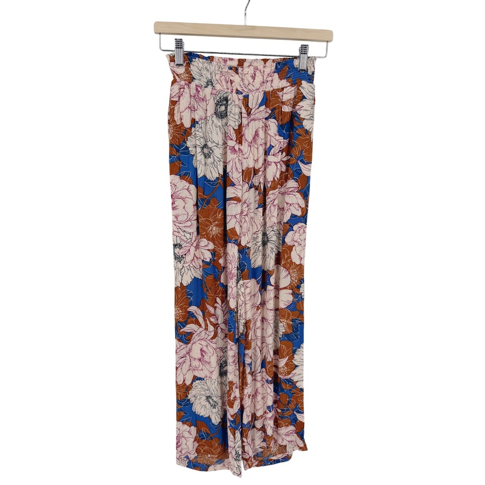 DR2 Floral Wide Leg Pants Womens XS Blue Brown Smocked Waist Rayon